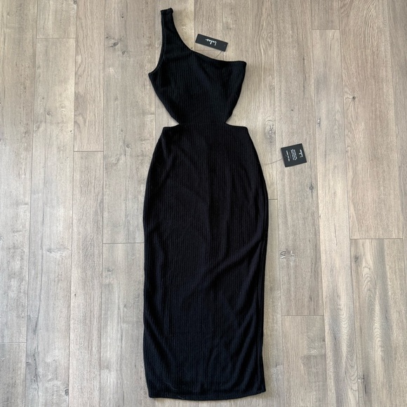 Lulus Black Ribbed One-Shoulder Cutout Midi Dress NWT - Picture 5 of 11